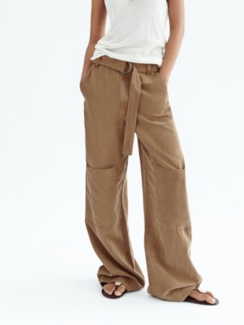 ZARA Fluid Utility Pants S Brown Lyocell Linen Wide Leg Minimalist Quiet Luxury